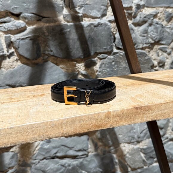 Saint Laurent Accessories - Saint Laurent Black Leather YSL Monogram Cassandre Thin Belt